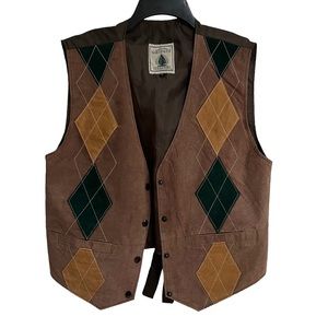 Vintage Northwest Territory Womens Brown Leather Vest Snap Argyle Jacket Size L